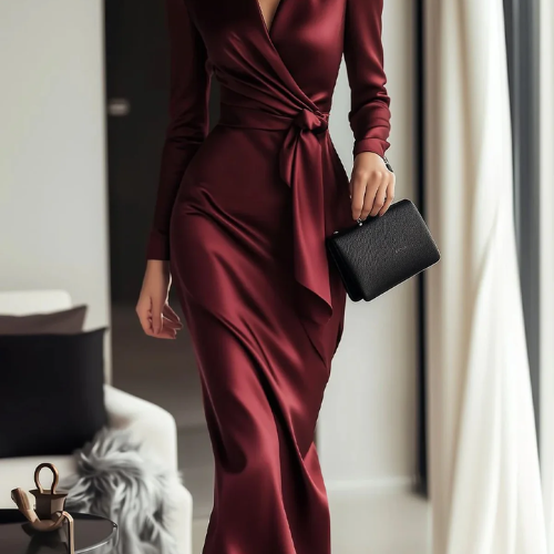 Elegant Plain Cross Neck Midi Dress with Belt