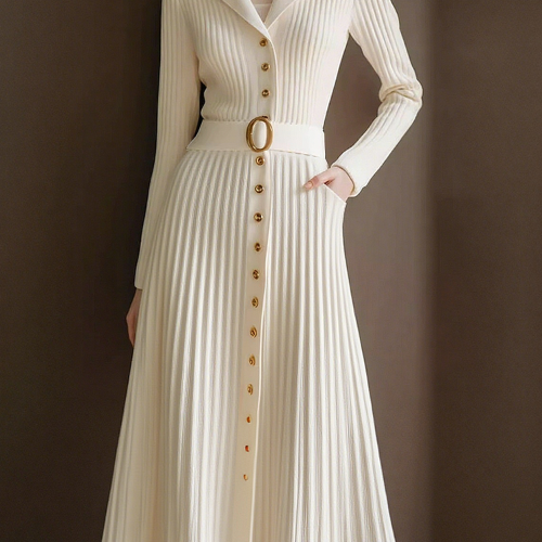 Elegant High Elasticity Sweater Maxi Dress With Belt